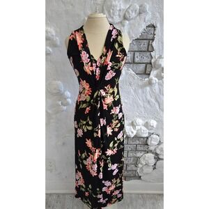 Tommy Bahama Floral Twist Front V-Neck Sleeveless Maxi Dress Black Pink Resort